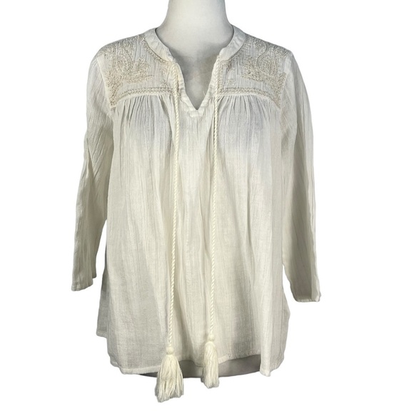 RACHEL‎ ZOE GAUZE TIE V-NECK  3/4 SLEEVE TUNIC TOP WITH EMBROIDERY DESIGN - Picture 1 of 10